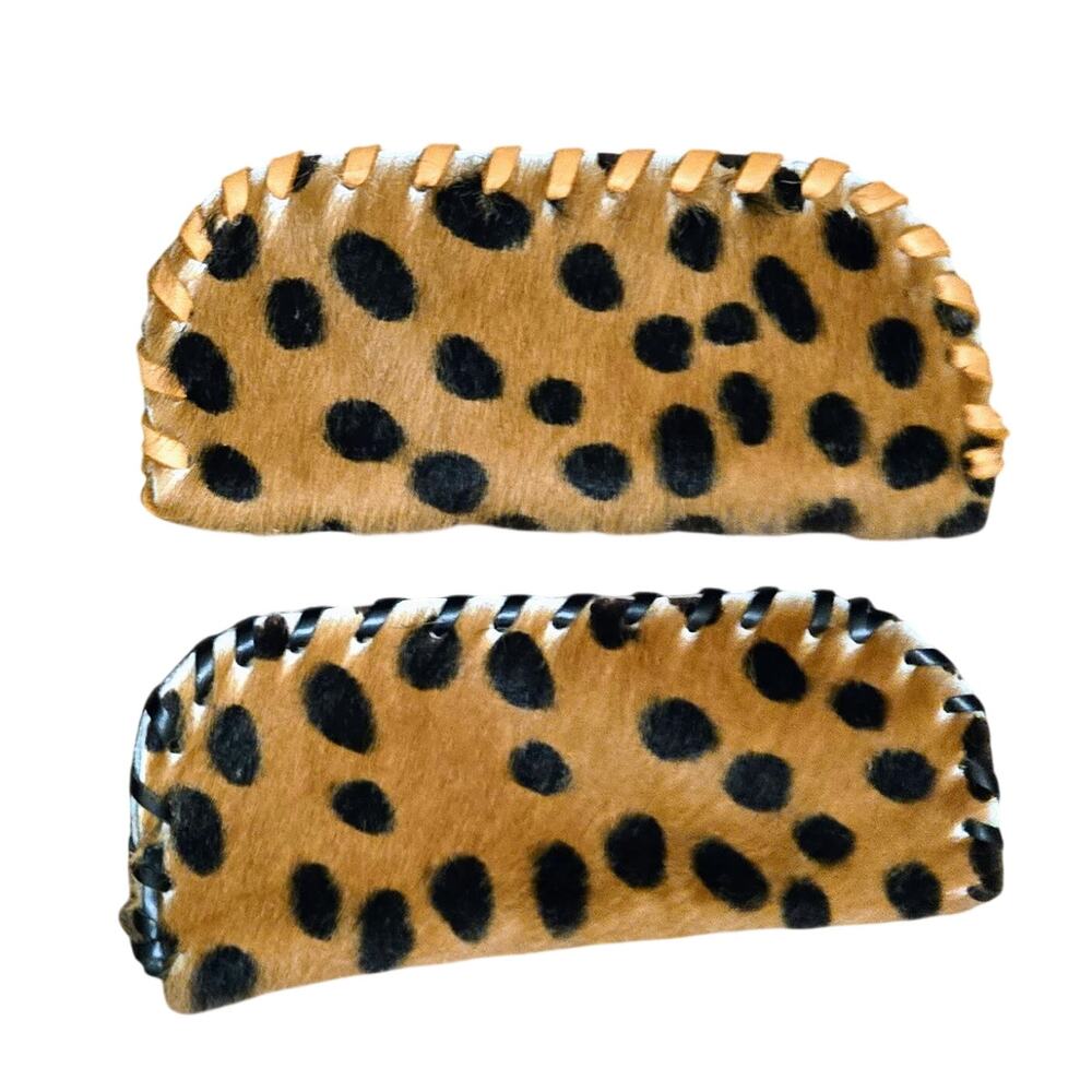 2-Vintage 7" Handmade Leopard-Print Calf Hair Glasses Case Whipstitch Leather
